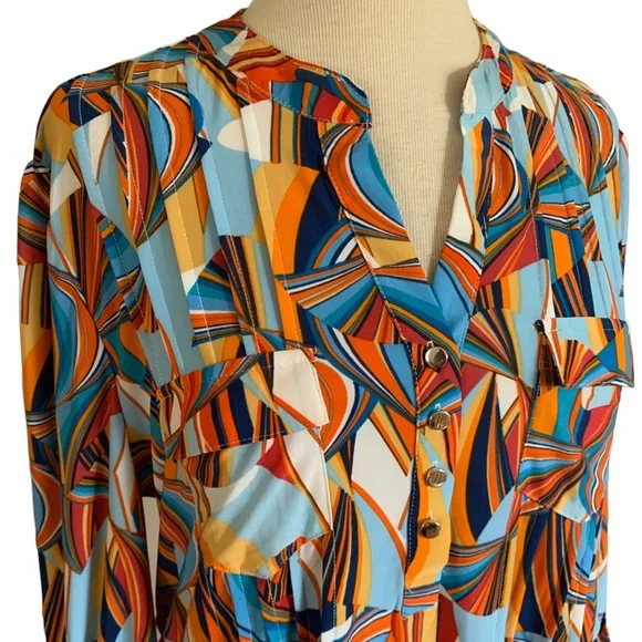 COCOMO XL 3/4 sleeve blue orange multicolored women’s pintuck Blouse top… - Picture 3 of 14